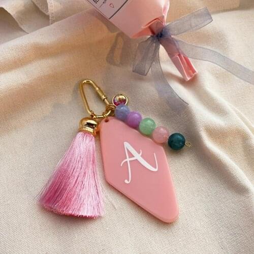 A-Z Initial Letters Tassel Beads Rhombus Keyring Geometric Pink Acrylic Key Chain Woman Bag Pendant Decoration