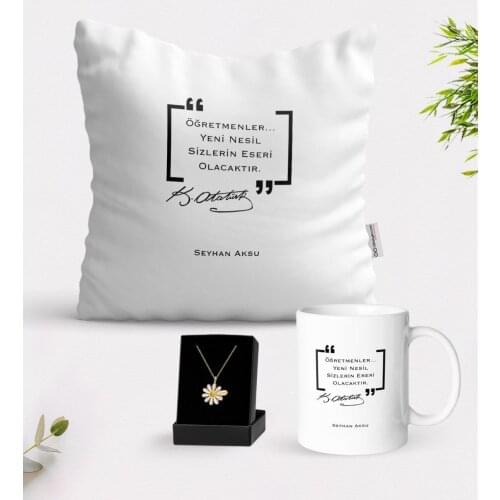 Personalized Ataturk Teacher White Mug Cushion and Is Daisy Necklace Gift Seti-1