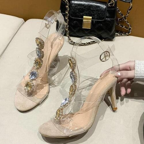 Dropship Women Sandals Rhinestone Golden Buckle Strap Luxurious Crystal Chain Transparent PVC High Heel Sexy Summer Sandal Shoe