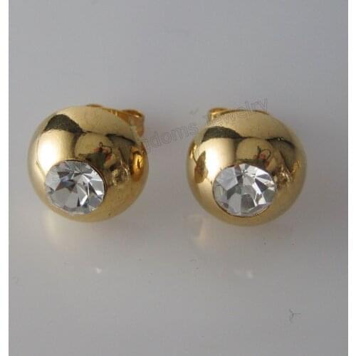 Foromance/ YELLOW GOLD GP SOLID FILL BRASS STUD HIGH SHINNING CLEAR ZIRCON STONE HALF BALL 0.39"/ 0.47" EARRING