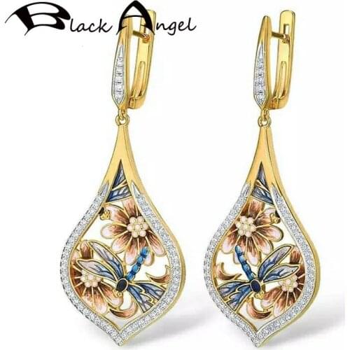 BLACK ANGEL 14K Gold Dragonfly Flower Enamel Fashion Insect Clip Earrings 2020 New for Women Jewelry Wholesale Party Gift