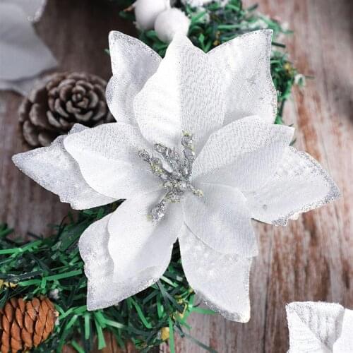 24pcs Christmas Flower Simulation Gold Powder Flower Christmas Tree Decoration Flower Three Layer Gold Pink Christmas Flower