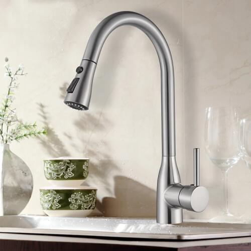 Uythner Brushed Nickle Kitchen Faucet Pull Out 2-Function Switch Swivel Spout Sink Mixer Tap Single Handle Deck Mount Hot Cold