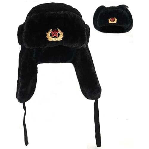 Sovjet Militaire Badge Rusland Ushanka Bomber hat Faux Konijnenbont Oorklep Sneeuw Caps hoed warm ski hats high quality