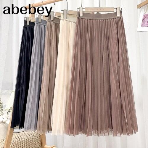 Women Long Tulle Pleated Skirt Spring Summer Elastic High Waist Skirts Womens 2021 Elegant Mesh Midi Skirt Clothes