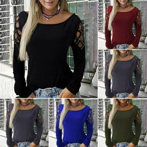 Womens Long Sleeve T-shirt Sexy Hollow Sleeve Casual T Shirt Tops Solid Color Plain T Shirt Tee Cold Shoulder Pullover T-shirts