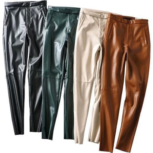 Womens Skinny Faux Leather pants womens new stretch slim fleece PU leather feet pants leggings womens Pencil pants