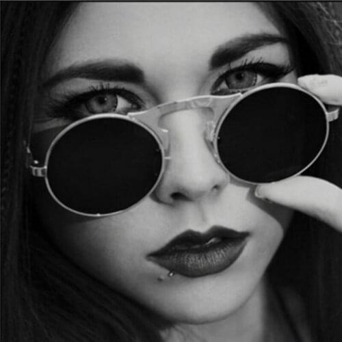 Flip Up Gothic Steampunk Sunglasses Women Round Brand Designer Metal Retro Men Vintage Sun Glasses Flat Top Clamshell Goggles