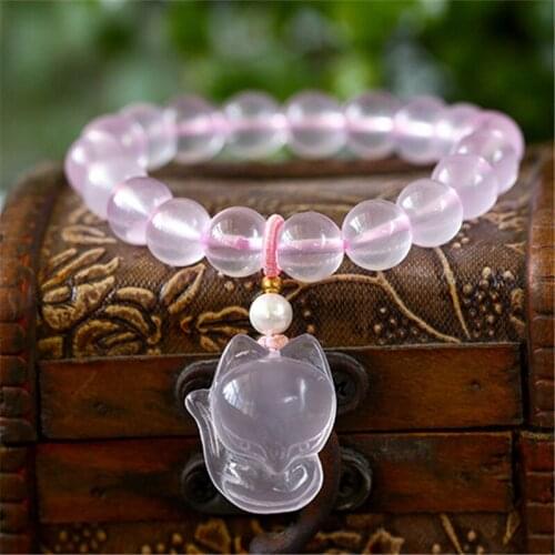 Pink Rose Quartz Crystal Natural Stone Beads Bracelet Woman Fox Pendant Bracelet Bangles Charm Meditation Healing Jewelry Gift