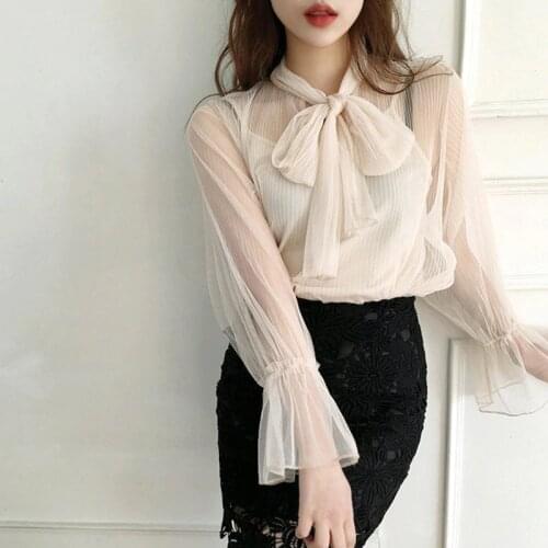 Sexy Lace Blouses Two-piece Set Women Bow Perspective Shirt + Small Sling Camis Suit
