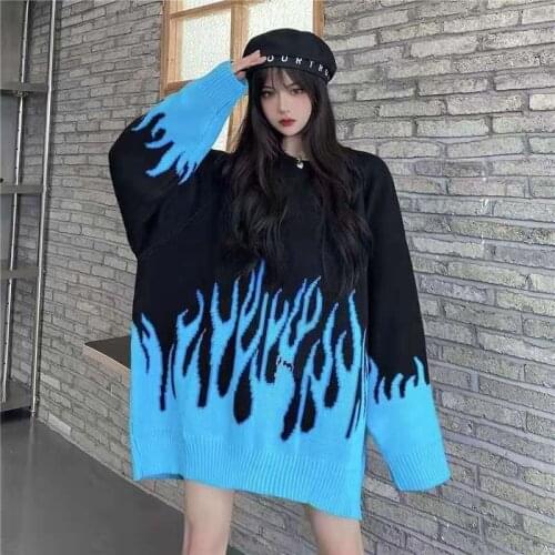 Korean Ulzzang flame long-sleeved female Sweatshirt knit streetwear winter Vintage y2k oversize women clothing ins Sweatshirt