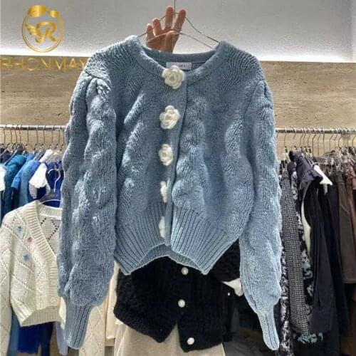 Vintage Flowers Cardigan Woman Sweaters Autumn Winter 2021 New O Neck Button Up Jackets Loose Short Knitted Coats