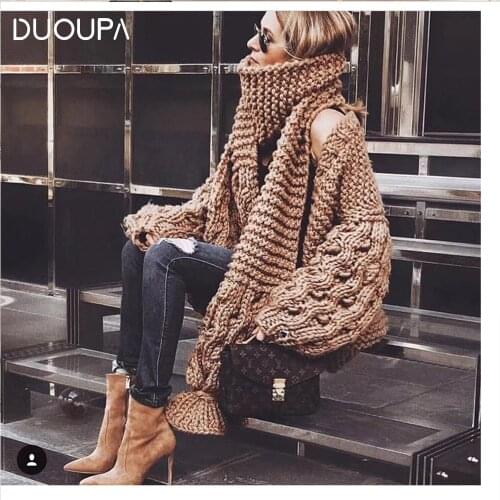 DUOUPA Coarse Knitted Sweater Women 2019 AUTUMNWinter Fashion Lantern Sleeve Cardigan Female Open Front Korea Sweater Coat
