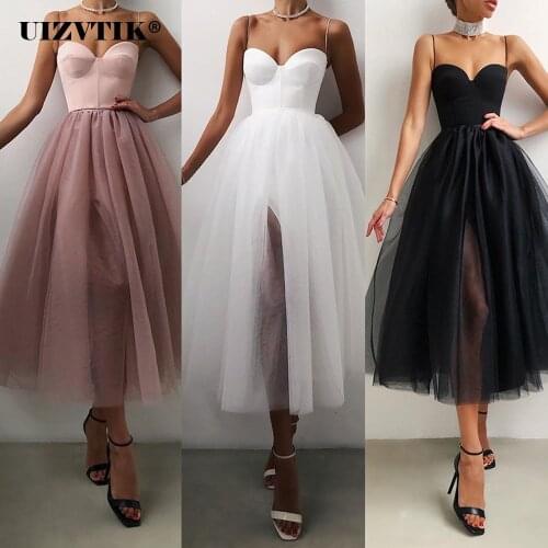 French Retro Solid Mesh Summer Dress Women 2021 High Waist Tube Top Suspender Dress Hepburn Style Long Club Wedding Party Dress