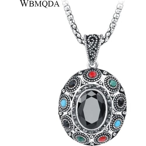 Wholesale Vintage Black Pendant Necklace For Women Ancient Silver Color Ethnic Big Oval Crystal Necklace Jewelry Gifts