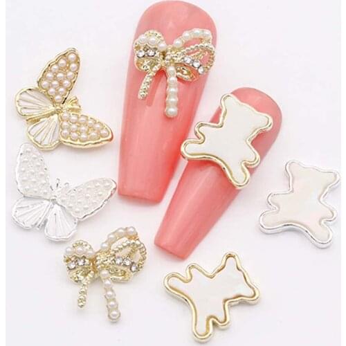 10Pcs Alloy Pearl Butterfly Bow Bear Nail Art Decoration DIY 3D Nail Rhinestone Exquisite Nail Art Jewelry Ornaments Manicure
