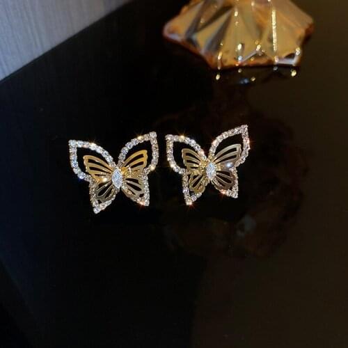 2021 Korean Fashion Jewelry Exquisite Hollow Butterfly Rhinestone Stud Earrings for Women Girls Shining Zircon Inlaid Earrings