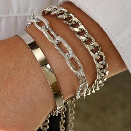 3Pcs/Set Multilayer Thick Cuban Chain Bracelet for Women Hip Hop Punk Charm Gold Silver Color Bangles Bracelet Fashion Jewelry