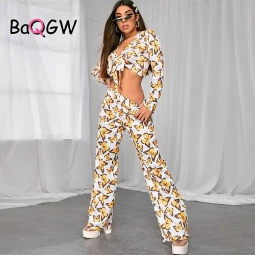BaQGW Fashion Party Two Piece Suit Butterfly Print Lace Up Knotted Crop Top Streetwear Outfits Casual Wide Leg Trousers 2ps Set