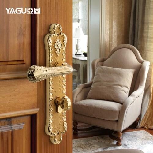 Interior Bedroom Retro European Style Pure Copper Mute Solid Wood Door Lock Golden Door Lock Mute Classical Palace Style