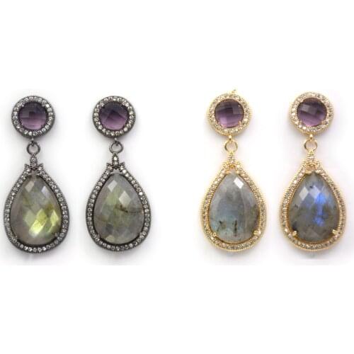 Large labradorite earrings long teardrop micro CZ pave earrings Large faceted gems birthday mother gift for women girls