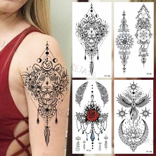 Black Tiger Henna Temporary Tattoos For Women Adults Realistic Feather Rose Mandala Pendant Fake Tattoo Sticker Sexy Arm Tatoos