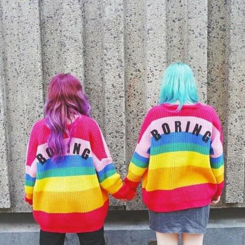 JuneLove Autumn Harajuku Cardigan Women Striped Rainbow Sweater Female Loose Sweaters Letter Embroidery Jumper Cardigans Tops