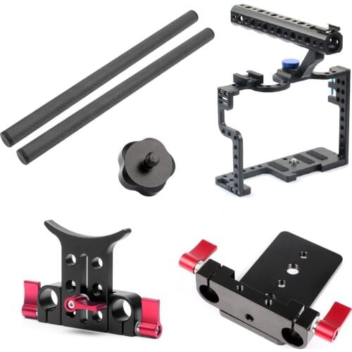 BGNing for Panasonic GH5 SLR Camera Cage Support Lens Stand Bracket w/ 25cm/40cm Carbon Fiber Rod Clamp Railblock Mount Kit
