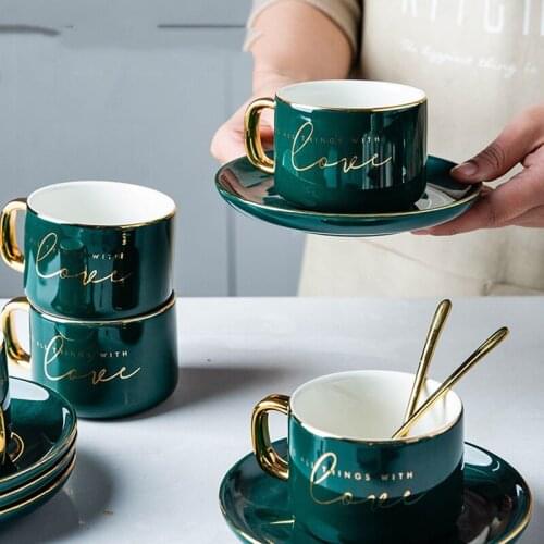 Mugs Letter Loves Coffee Saucers Set Nordic Mugs With Dishes Golden Spoon For Home Afternoon Tea For Dessert tasse