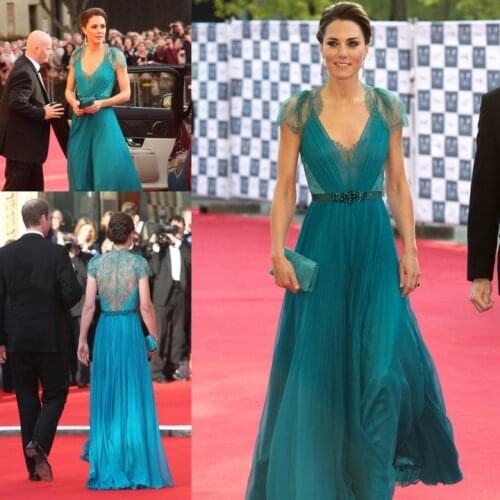 Best Selling Modest V-neck Kate Middleton Teal Cap Sleeves Lace Evening gown Formal 2018 Prom Custom mother of the bride dresses