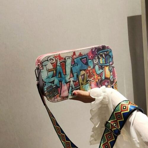 Hong Kong Style Small Bag Woman 2021 New Messenger Bag Graffiti Single Shoulder Bag Fashion Broad Shoulder Belt Small Square Bag