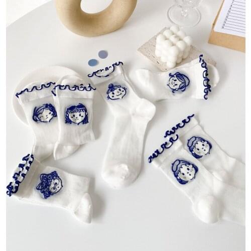 Summer Cartoons Pattern Socks Fashion Women Girls Harajuku Nylon Transparent Cute Embroidered Glass Silk Breathable Socks