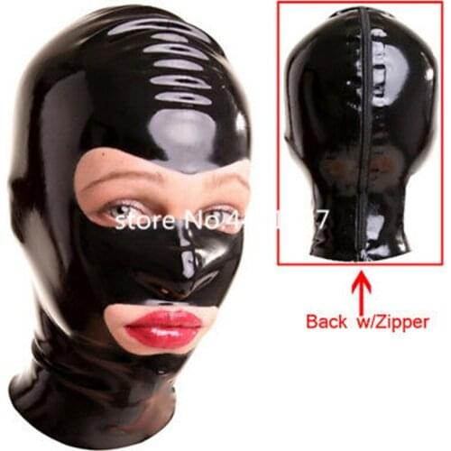 Sexy Black Latex Hood Rubber Mask Open Eye And Mouth for Party Wear Catsuit with back zipper