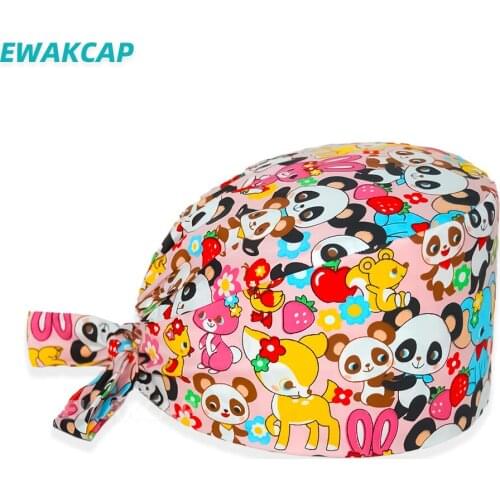 Animal print scrub cap 100%cotton nurse doctor surgicals hats with elastic band panda pattern bouffant hat for women men