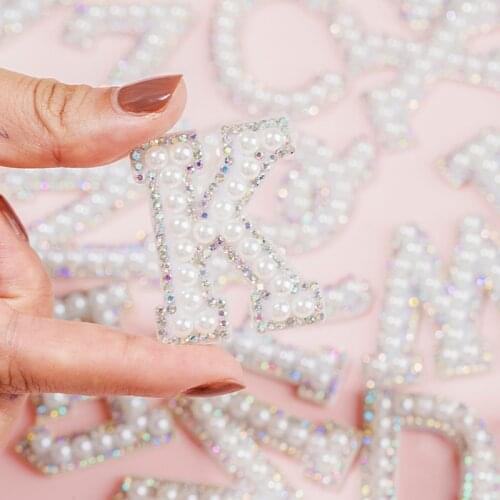 Rhinestone Iron On Patches Glitter Rhinestones White Pearls English Letter A-Z Clothing Decoration Sew On Patch For DIY Decorate