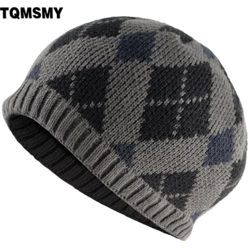 TQMSMY Winter Warm Knitted Skullies Beanies Men Thick Double Layer Beanie Hat With Velvet Mens Knit Plaid Bonnet Gorras Hat E61