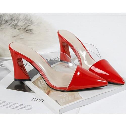 Women sandals PU Slip On 8CM Thick heel High heels Pointed Toe Shallow women shoes sandalias mujer 2020 size 35-42 black