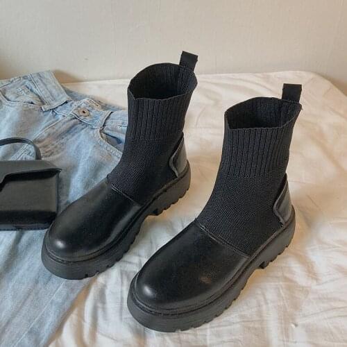 Womens platform Ankle Boots 2020 New spring Fashion Solid Round Toe Knitting leather Boots ladies Casual Slip-On Shoes z399