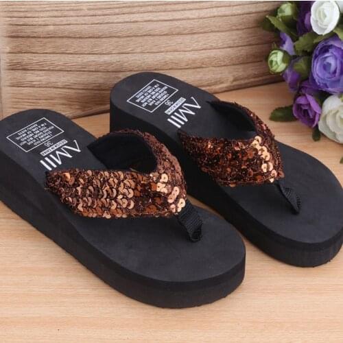 2021 Women Sequins Beach Slippers Flip Flops Sandals Casual Women Wedges Platform Slippers Lady Wedges Shoes Zapatos Mujer