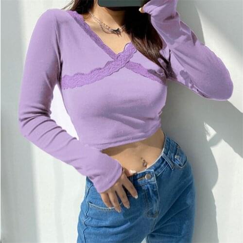 2021 Spring Fall Female Crop Top Solid Color V-Neck Long Sleeve Base T Shirt Pullover for Summer Fall Brown Pink Purple