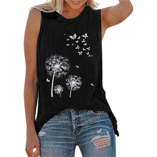 40#Dandelion Butterfly Printing T Shirt Women Sleeveless O-Neck Vest Shirt Harajuku Plus Size Tunic Tops женские футболки