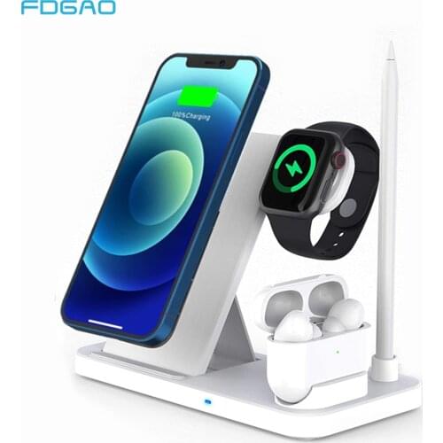 15W Qi Fast Wireless Charger Stand For iPhone 12 11 XR XS 8 Apple Watch 4 in 1 Foldable Charging Station for Airpods Pro iWatch