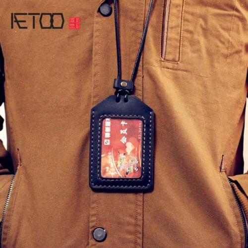 AETOO ID card holder genuine leather lanyard brand custom badge transparent badge lanyard customized high-end leathe