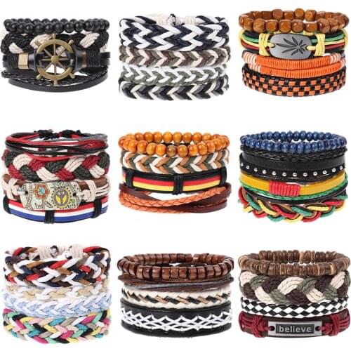 Various Vintage Bohemia Bead Bracelets For Men Fashion Handmade Weave Leather Bracelet & Bangles Multilayer Wide Wrap Jewelry