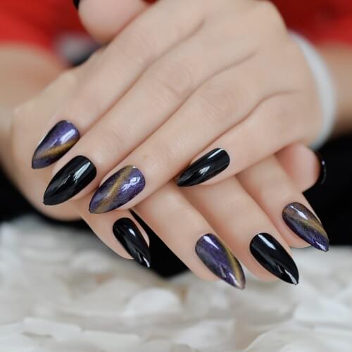 Black Cat Eyes Fake Nails Purple Gold Galaxy Gel Polish Designed Stiletto False Nails Medium Press On Manicure Tips 24
