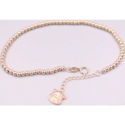 Pure 18K Rose Gold Bracelet Lucky Cattle Head 2.5mm Glossy Beads Link Chain Adjustable Bracelet Woman Gift 2.6-2.7g / Au750