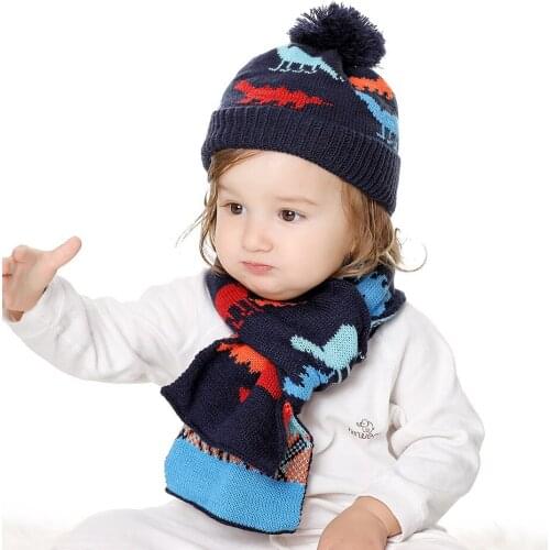 Childrens hat scarf set autumn and winter warm boys and girls baby Christmas gift cartoon jacquard hat scarf