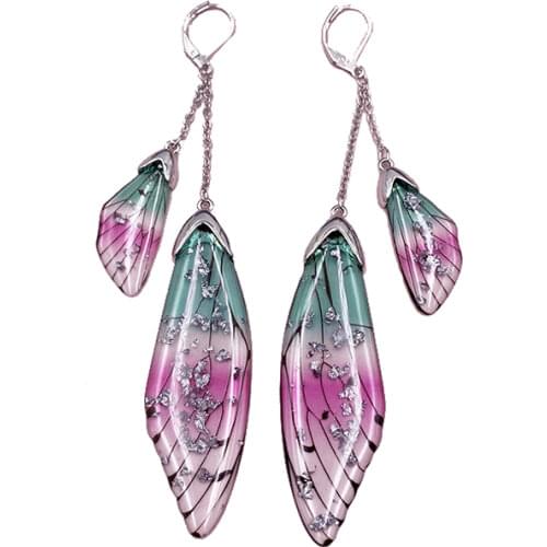 Fairy Pink Green Gradient Resin Butterfly Drop Earrings for Women Girl Bling Crystal Glitter Simulation Wing Earrings Jewelry