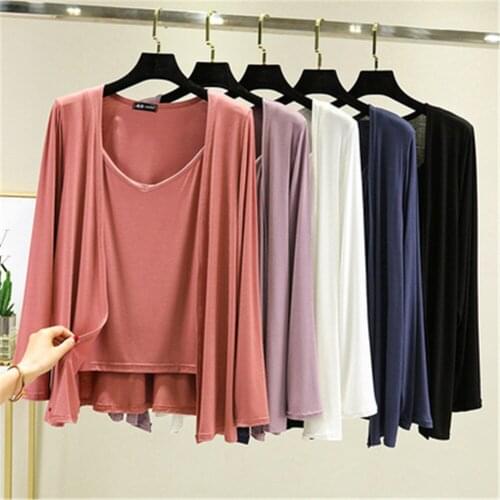 Korean Faahion 2 Pieces Cotton Modal Soft Women Spring Summer Cardigan All-Match Thin Sweet Elasticity Open Stitch Coats ZY5654