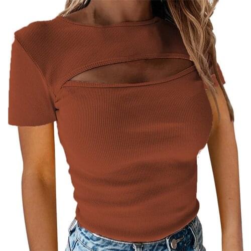 Summer Cut Out Knit Rib Solid Ladies Tshirt O-neck Hollow Out Slim Plus Size 3XL Womens T-shirts 2021 Fashion Casual Simple Top